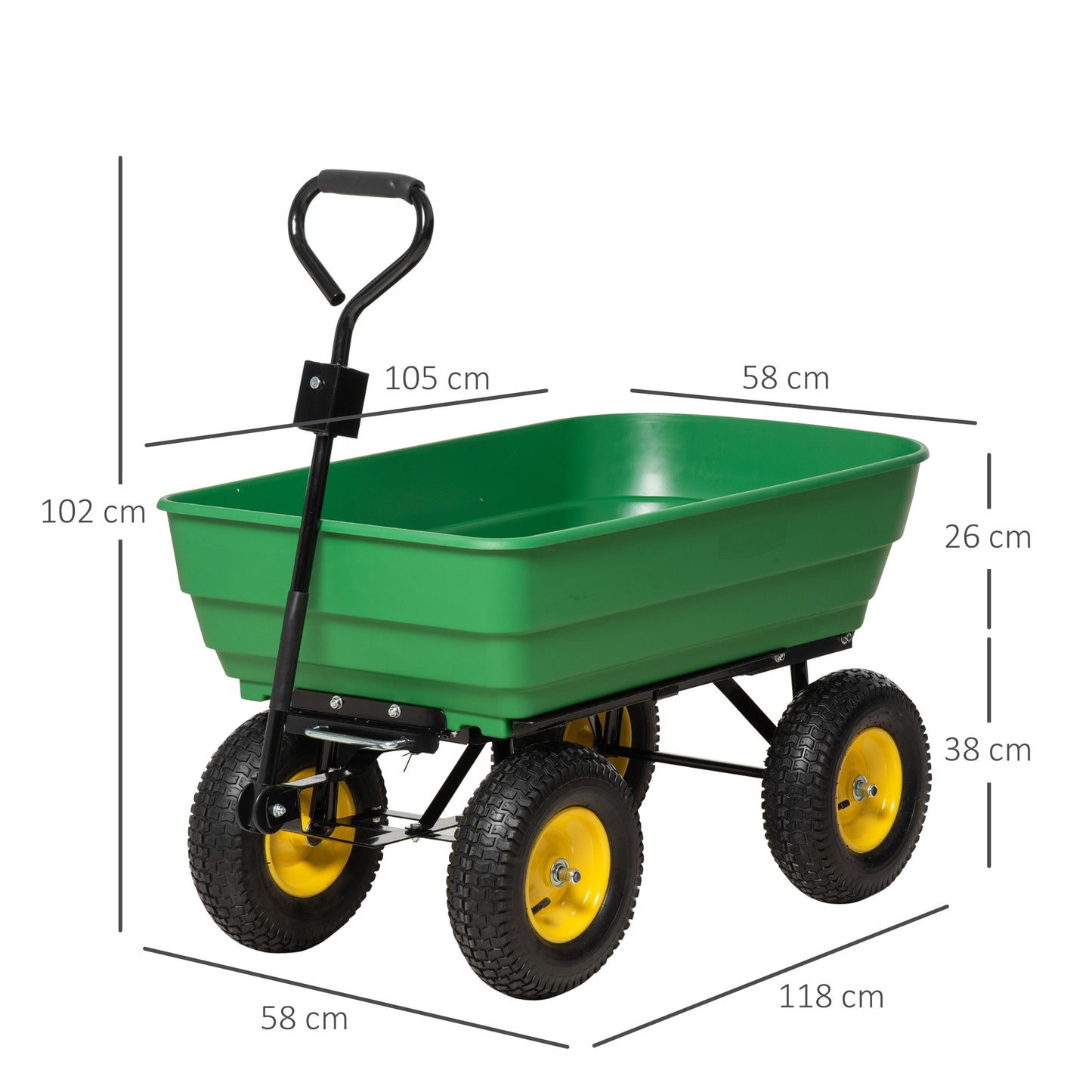 Outsunny 125 Litre Large Garden Cart, Heavy Duty 4 Wheel Trolley Dump Wheelbarrow Tipping Truck Trailer - Green