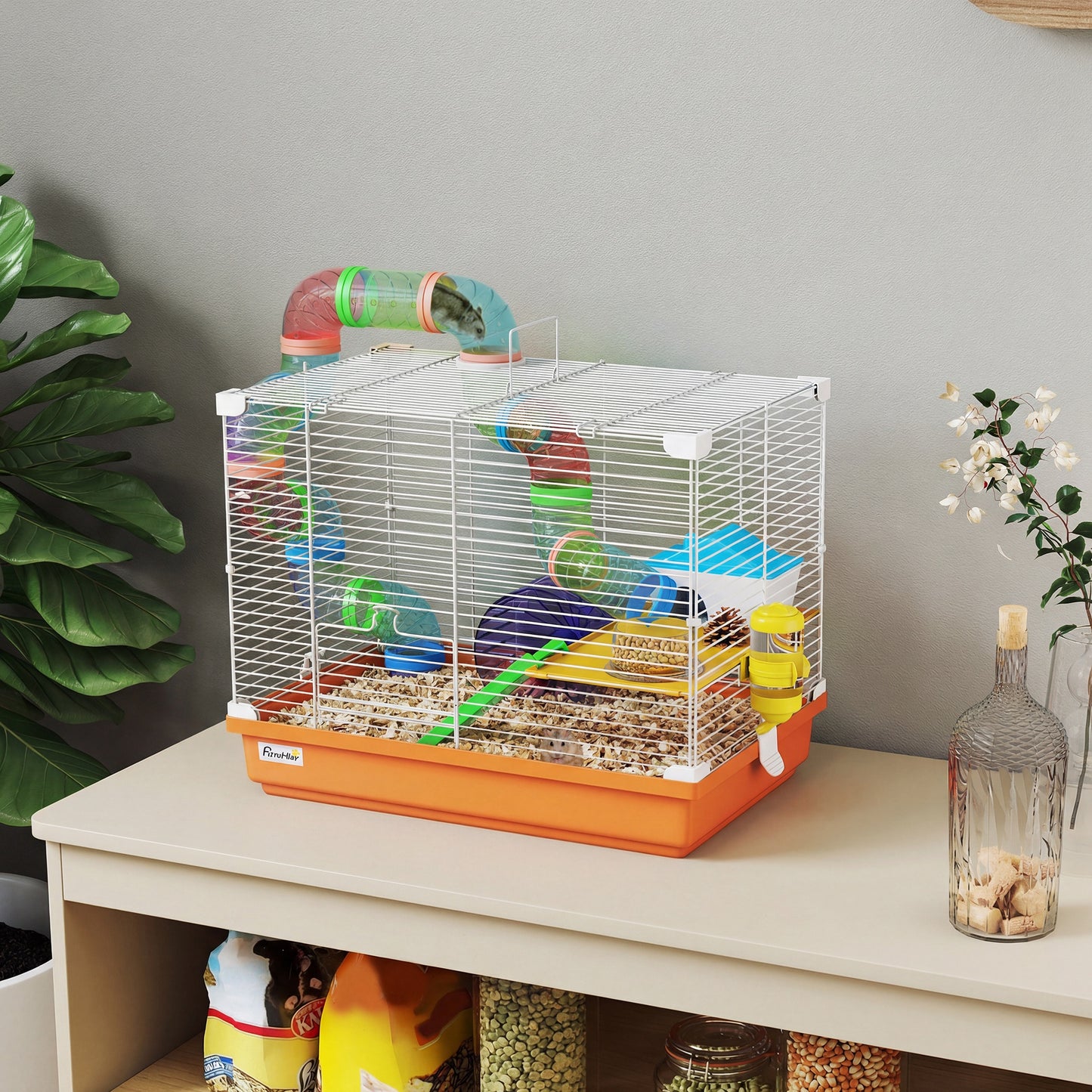 PawHut 2 Tier Hamster Cage, Gerbil Cage with Handle, Exercise Wheels, Tunnel, Water Bottle, Dishes, Ladder, for Dwarf--ChewyGames-ChewyGames