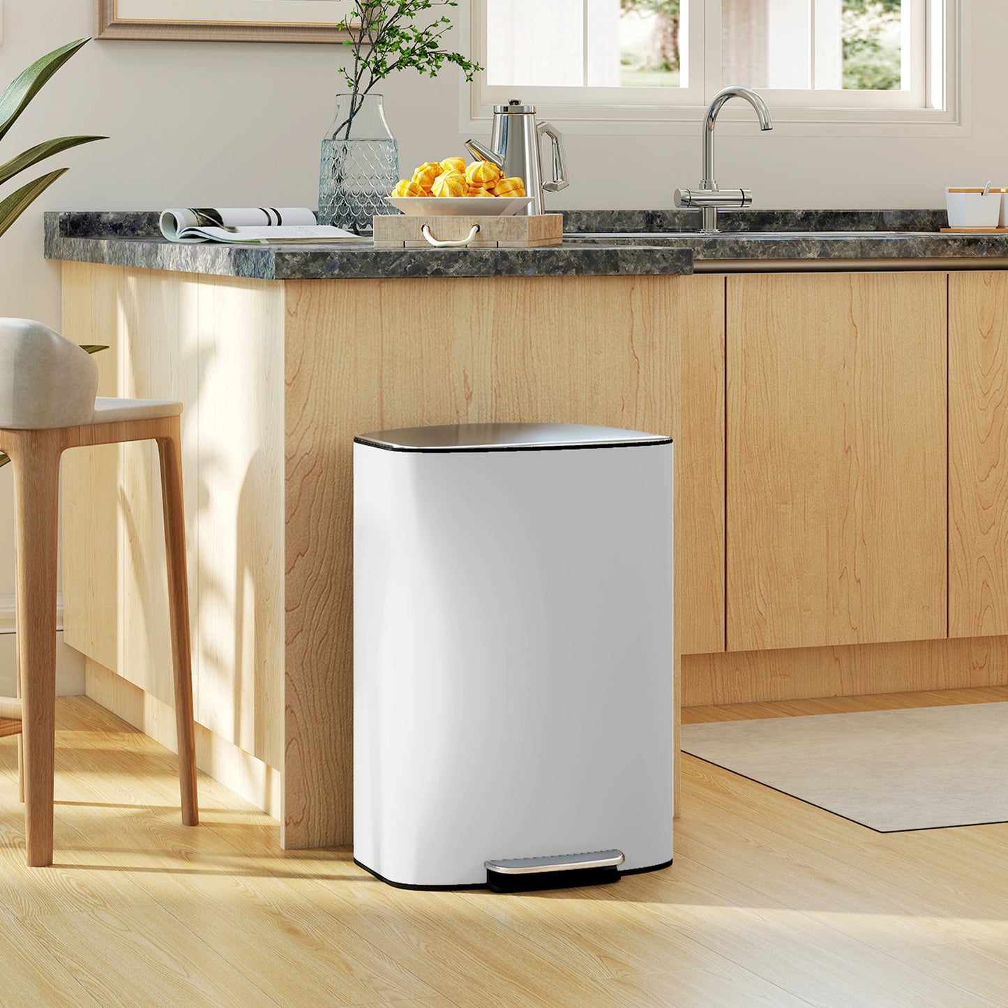 HOMCOM 50L Kitchen Bin with Soft-Close Lid and Stay-Open Function, Stainless Steel Pedal Bin with Removable Inner Bucket, Carry Handle for Kitchen, Office, Home, Cream