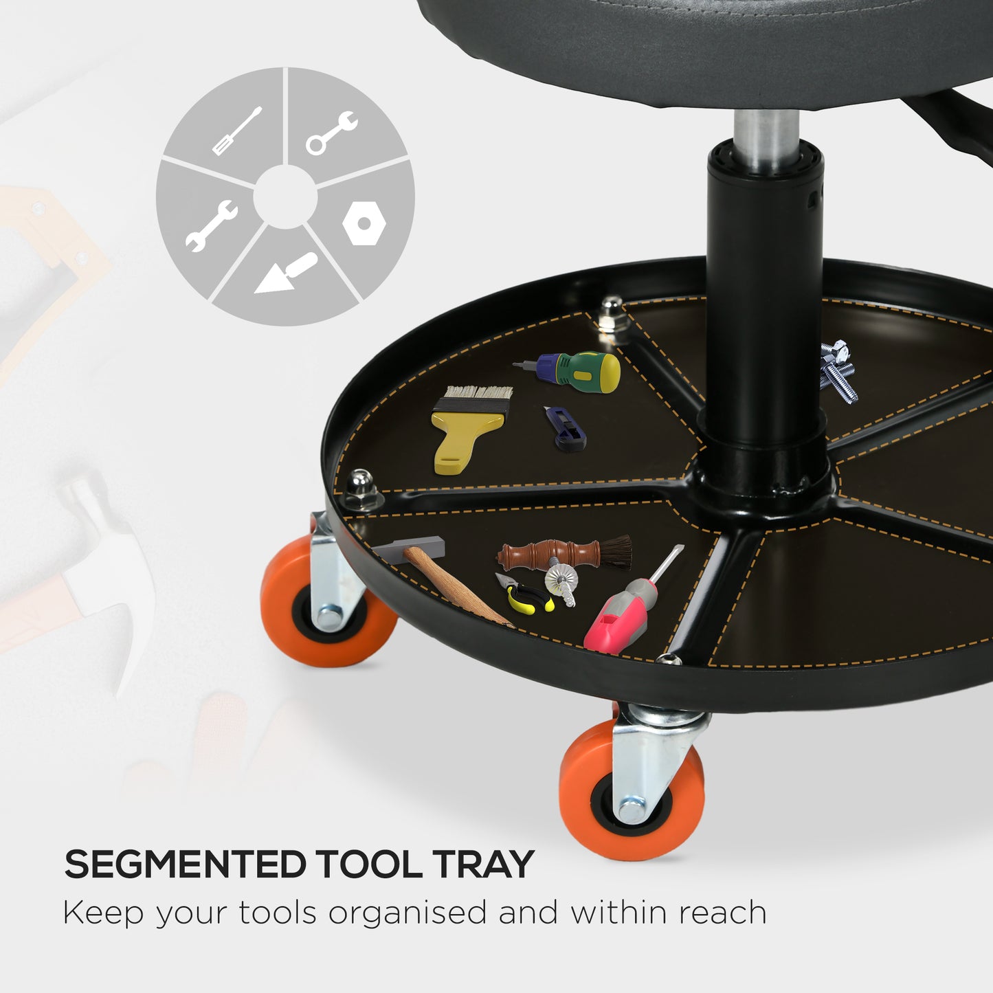 HOMCOM Rolling Mechanical Stool, Pneumatic Adjustable Workshop Stool with Tool Tray, Wheels - Black