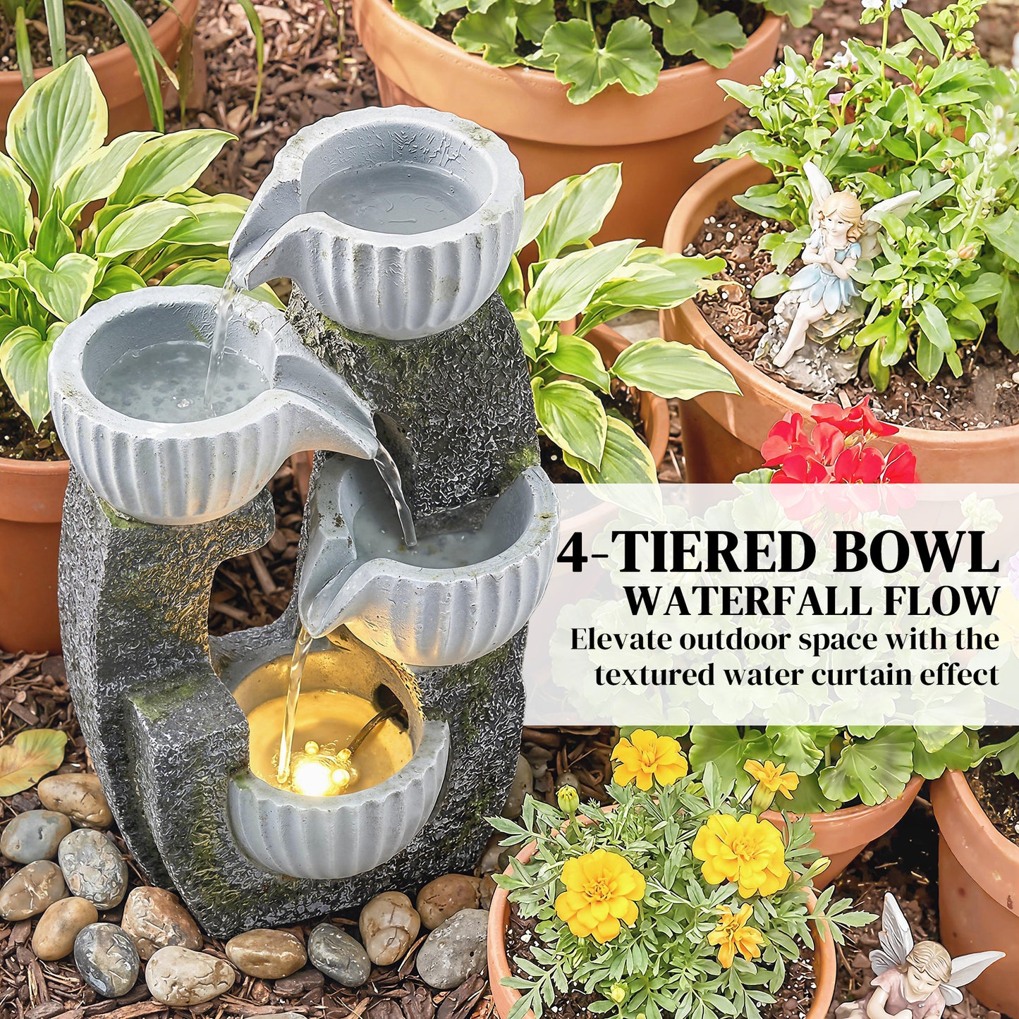 Outsunny 4-Tier Bowl Water Feature, Indoor Outdoor Garden Water Fountain with Pump and LED Lights, Resin Cascading Waterfall