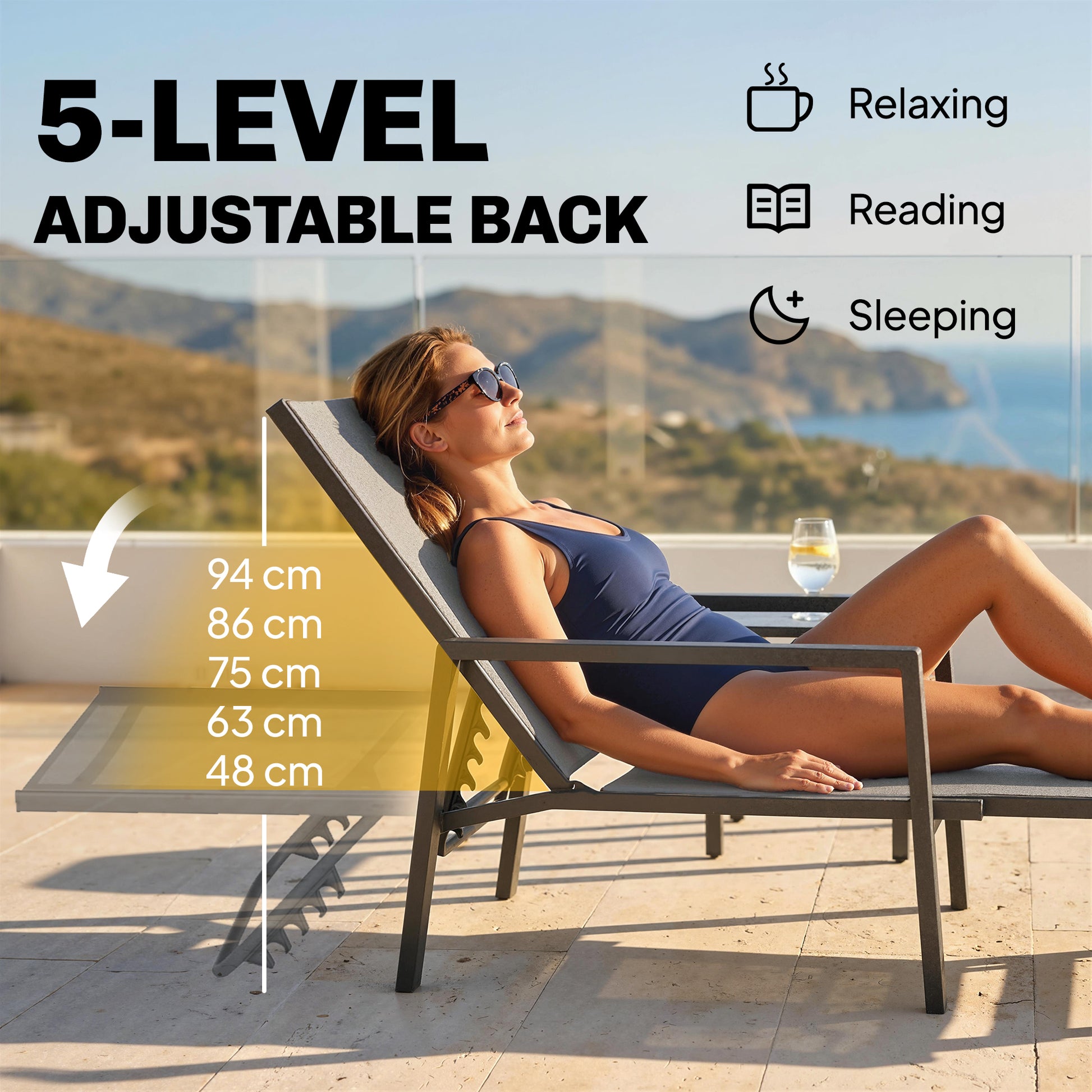 Outsunny Sun Loungers Set of 2 Retractable Footrest 5-Position Adjustable Steel Frame for Beach, Porch, Patio, Camping, Dark Grey--ChewyGames-ChewyGames