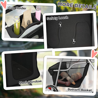PawHut Dog Pram, Pet Stroller with Reflective Strips, Foldable Cat Stroller with 360° Swivel Wheels, Black