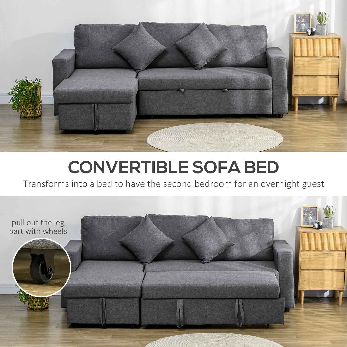 HOMCOM 3 Seater Sofa Bed with Storage, Delivered to Your Home for Free, Dark Grey