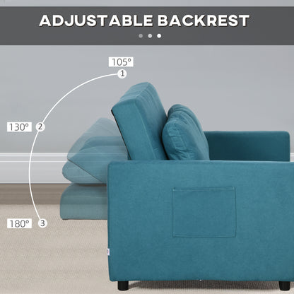 HOMCOM Loveseat Sofa Bed, Convertible Bed Settee with 2 Pillows, Side Pockets, Blue