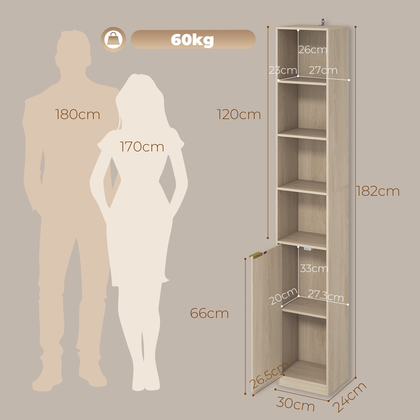 HOMCOM Bookcase Adjustable Shelf Bookshelf Anti-Tip Hardware 6-Tier Storage Cabinet Oak Wood Effect