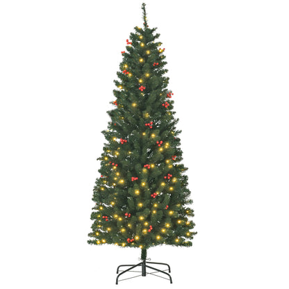 HOMCOM 6FT Prelit Artificial Pencil Christmas Tree with Warm White LED Light, Red Berry, Holiday Home Xmas Decoration, Green