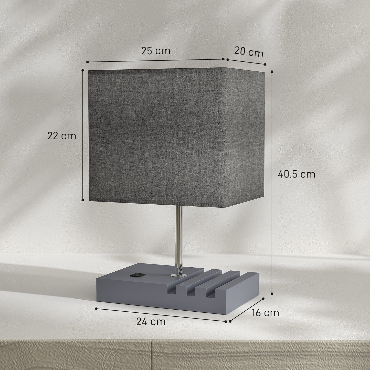 HOMCOM Bedside Lamp with USB A+C Charging Ports and 3 Phone Stands, Modern Table Lamp with Solid Wood Base and Fabric Shade for Bedroom Living Room Office, E27 Socket, Bulb Not Included, Grey--ChewyGames-ChewyGames
