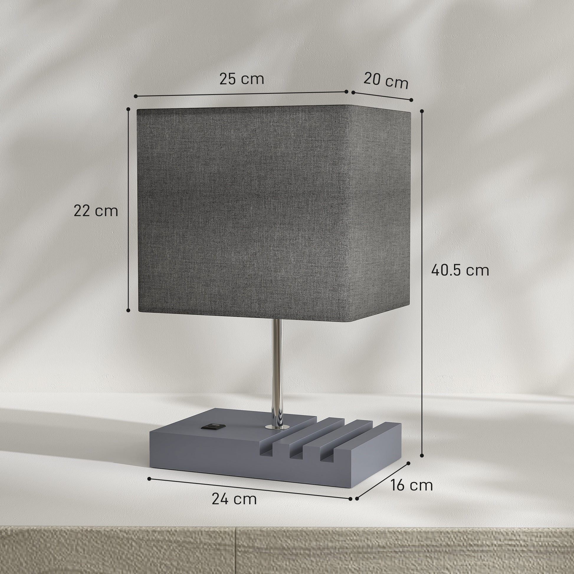 HOMCOM Bedside Lamp with USB A+C Charging Ports and 3 Phone Stands, Modern Table Lamp with Solid Wood Base and Fabric Shade for Bedroom Living Room Office, E27 Socket, Bulb Not Included, Grey--ChewyGames-ChewyGames