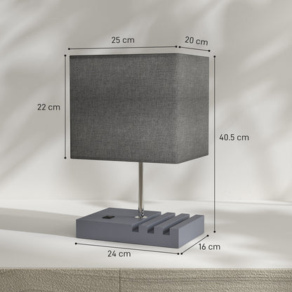 HOMCOM Bedside Lamp with USB A+C Charging Ports and 3 Phone Stands, Modern Table Lamp with Solid Wood Base and Fabric Shade for Bedroom Living Room Office, E27 Socket, Bulb Not Included, Grey--ChewyGames-ChewyGames