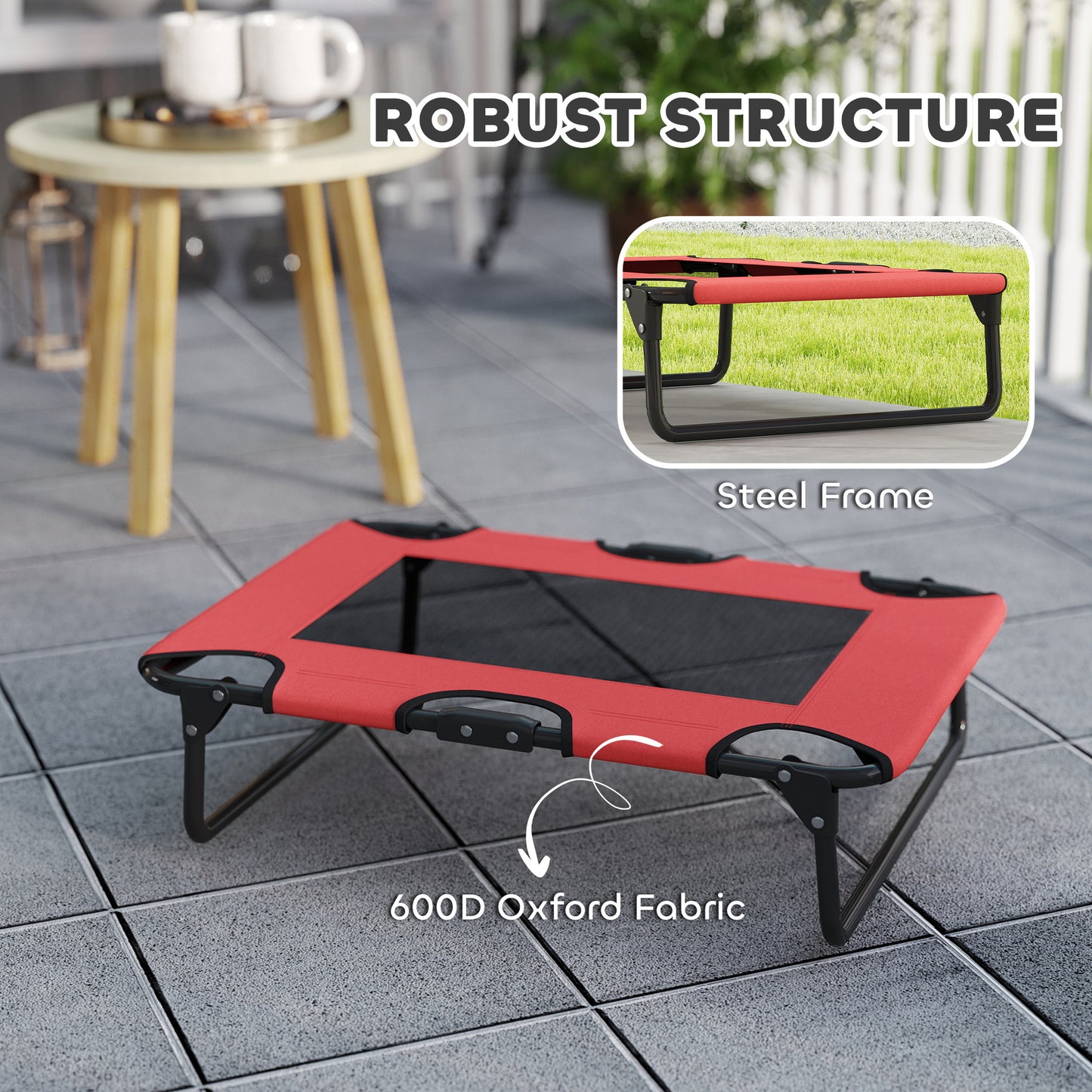 PawHut Portable Raised Dog Bed, Elevated Pet Cot with Breathable Mesh for Indoor Outdoor, for Small Medium Dogs, Red