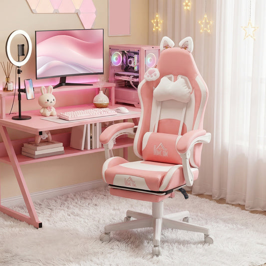 HOMCOM Cat Ear and Paw Reclining Office Chair, with Footrest - Pink/White