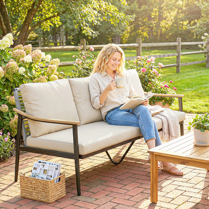Outsunny 3 Seater Rattan Sofa, Outdoor Garden Sofa with Wood-Effect Armrests, Cushions for Patio, Balcony, Khaki