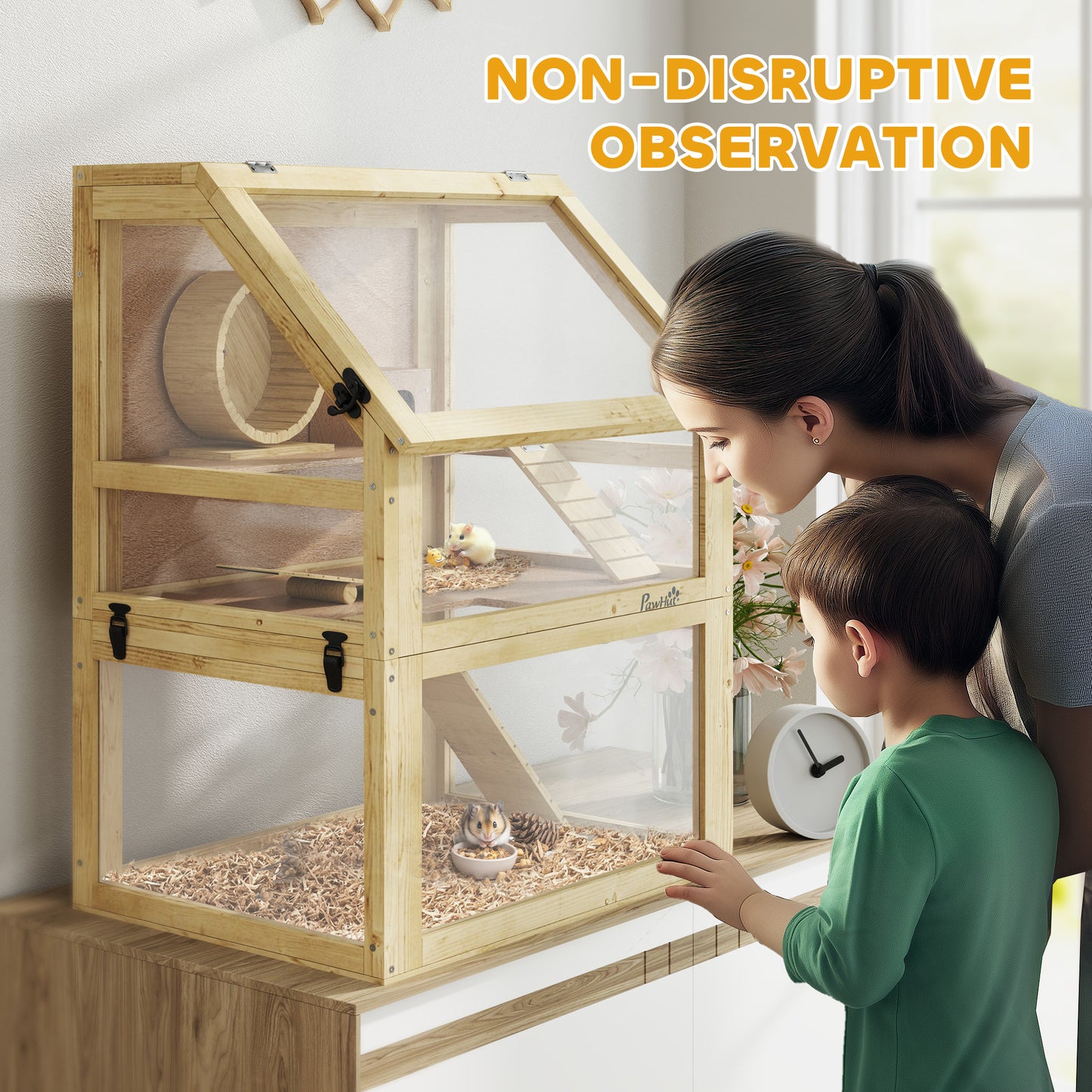 PawHut Wooden Hamster Cage with Detachable 32cm Deep Bottom, Hut, Seesaw, Exercise Wheel, Ramp, 60 x 40 x 75cm, Natural--ChewyGames-ChewyGames