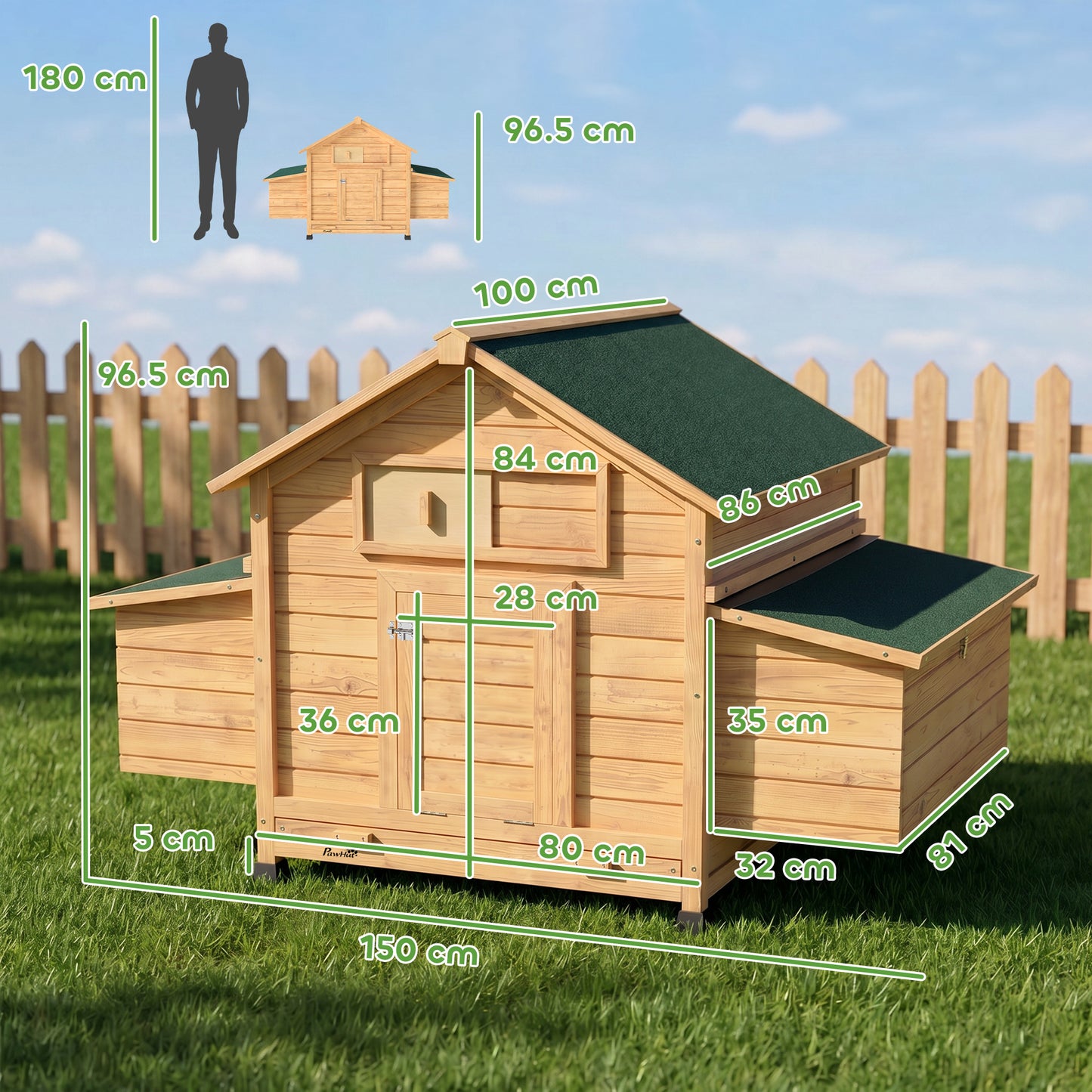 PawHut Chicken Coop, Wooden Outdoor Hen House with Nesting Box, Openable Waterproof Top, Pull-Out Tray, 150 x 100 x 97cm