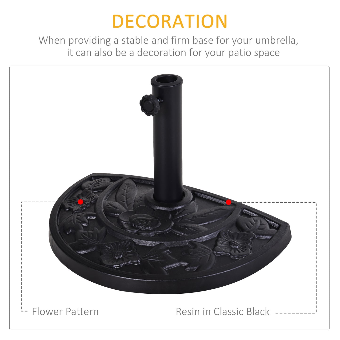 Outsunny 9kg Resin Parasol Base, Half Round Umbrella Stand with Floral Design for Garden, Outdoor, Suitable Umbrella Rod: Φ3.8cm, Φ4.8cm, Black
