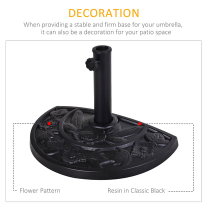 Outsunny 9kg Resin Parasol Base, Half Round Umbrella Stand with Floral Design for Garden, Outdoor, Suitable Umbrella Rod: Φ3.8cm, Φ4.8cm, Black