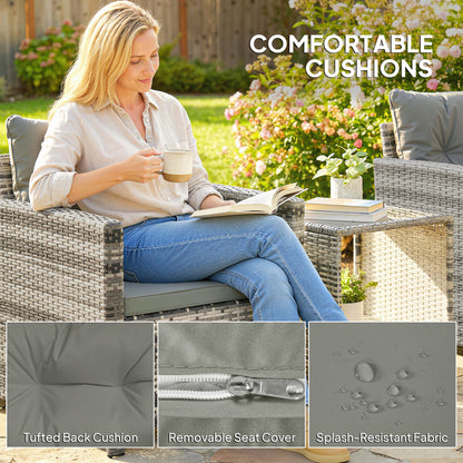 Outsunny Rattan Bistro Set, 3 Piece Garden Furniture Set with 2 Tier Glass Top Table and Cushions, Mixed Grey