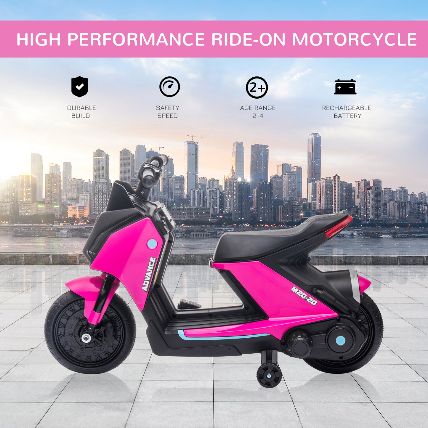 HOMCOM 6V Kids Electric Motorbike Ride On Toy w/ Music LED Lights Training Wheels for Girls Boy 2-4 Years Pink