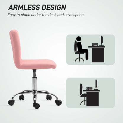 HOMCOM PU Leather Armless Office Chair, Modern Vanity Computer Swivel Chair with Rolling Wheels and Adjustable Height for Home Study, Bedroom, Pink
