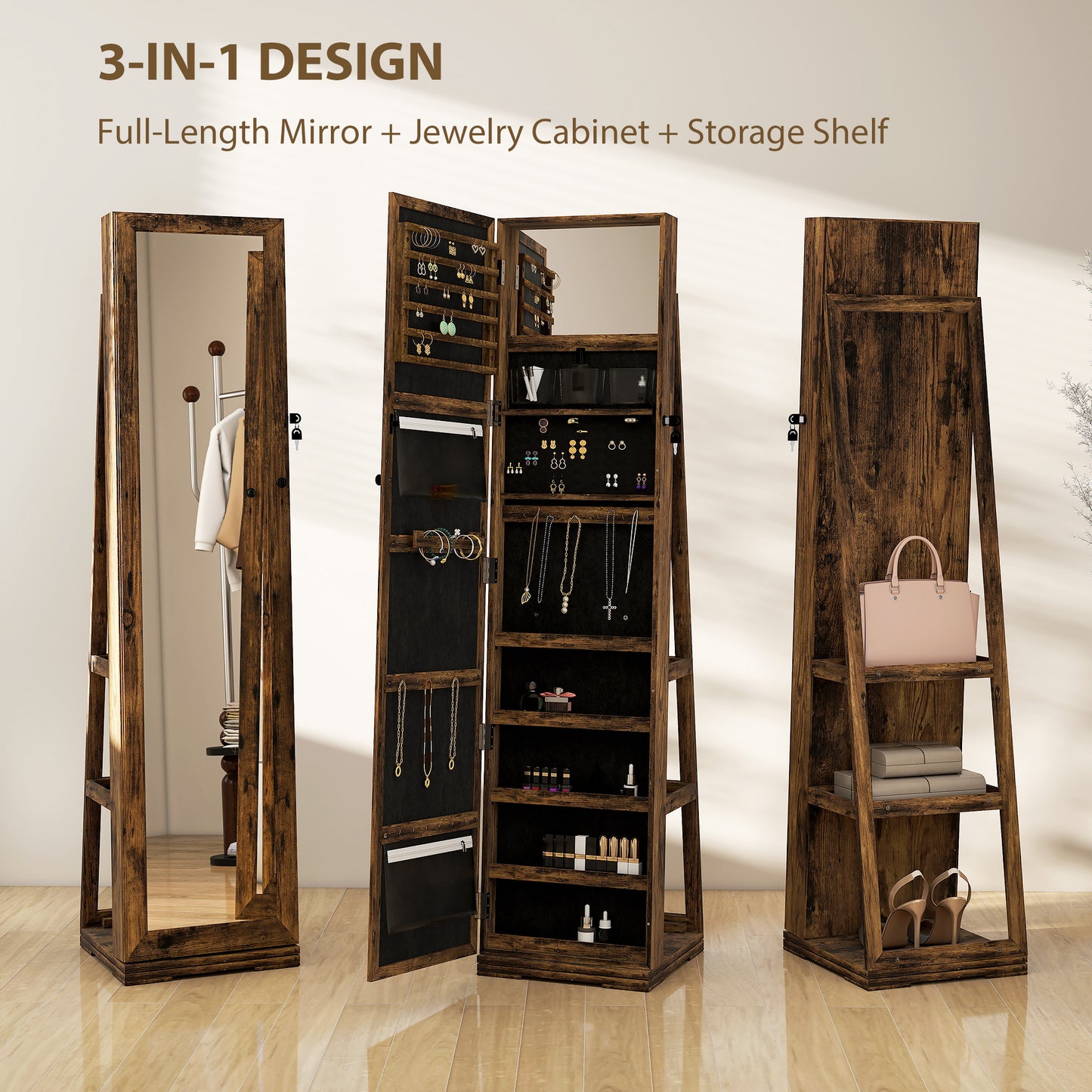 HOMCOM 360° Swivel Jewellery Cabinet, Free Standing Full Length Mirror with Storage, Lockable Jewellery Organiser with Built-in Makeup Mirror and Storage Shelves for Bedroom, Rustic Brown