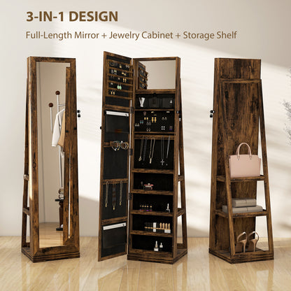 HOMCOM 360° Swivel Jewellery Cabinet, Free Standing Full Length Mirror with Storage, Lockable Jewellery Organiser with Built-in Makeup Mirror and Storage Shelves for Bedroom, Rustic Brown