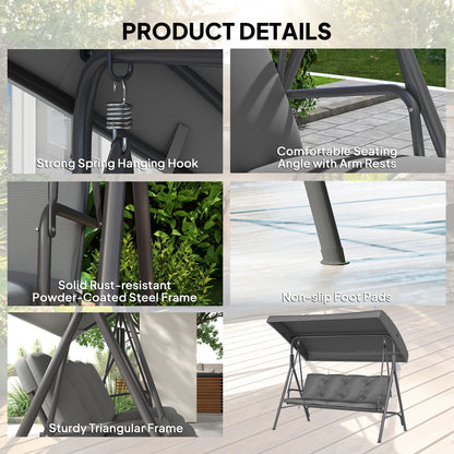 Outsunny 3 Seater Garden Swing Chair, Patio Rocking Bench with Tilting Canopy, Removable Cushion and Steel Frame, Dark Grey