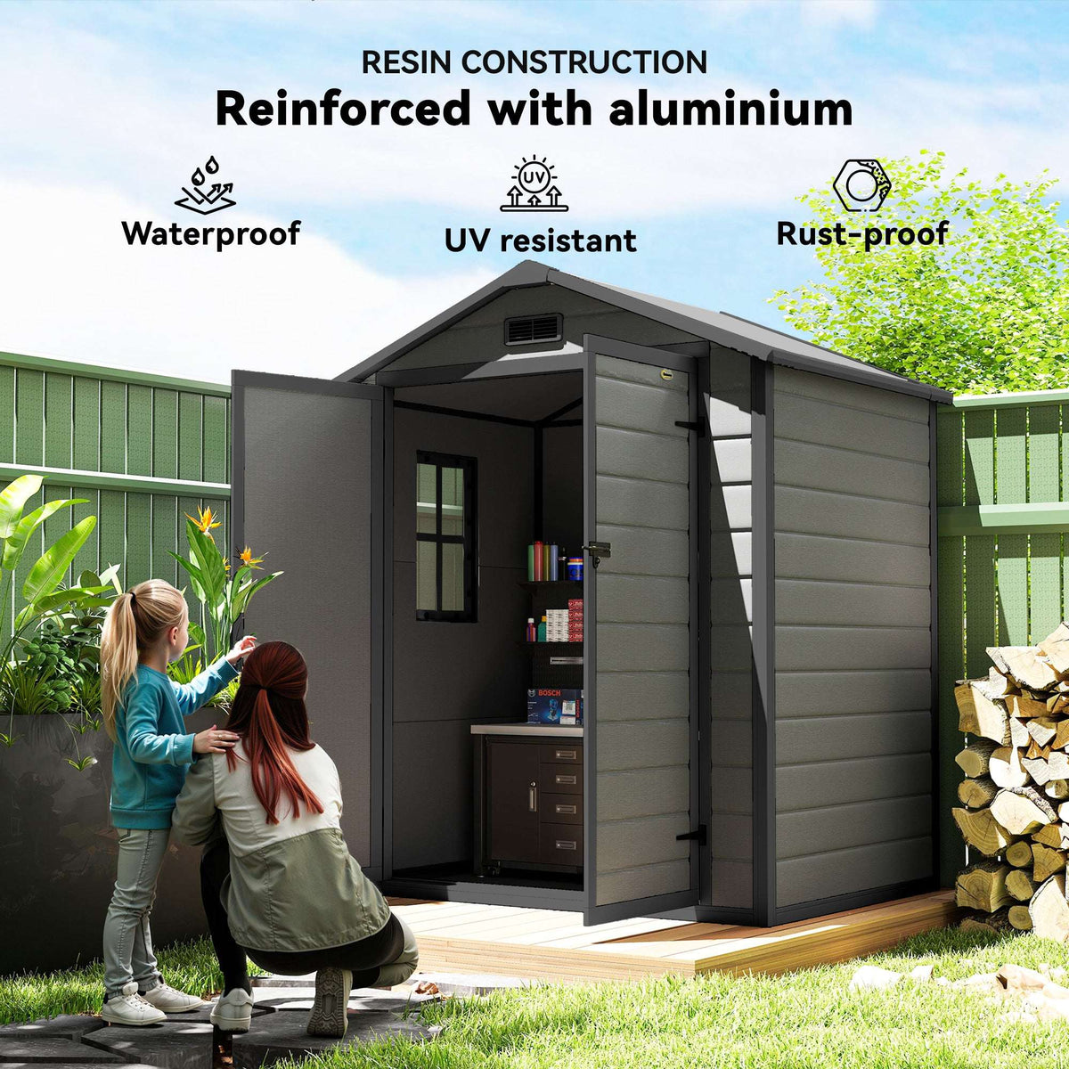 Outsunny 6'x4.5' Garden Storage Shed, Lockable Garden Shed with Double Doors, Window, Vent and Plastic Roof, Dark Grey