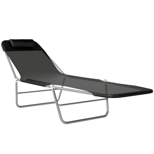Outsunny Folding Sun Lounger, Texteline Reclining Sun Bed with 5 Position Adjustable Backrest, Headrest, Black-Sunbeds-ChewyGames-ChewyGames
