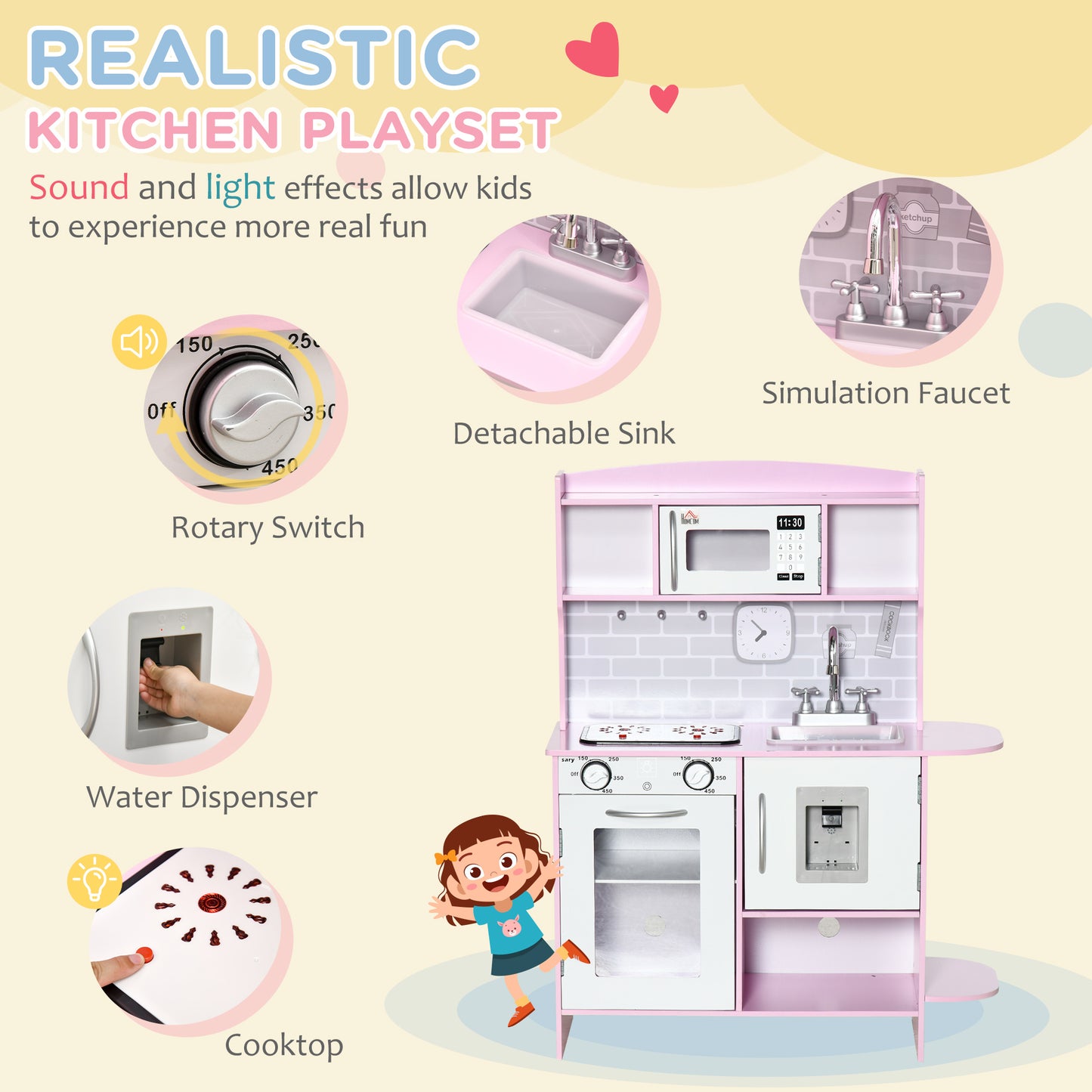 HOMCOM Kids Kitchen Playset, with Lights, Sounds, Microwave, Sink and Storage - Pink--ChewyGames-ChewyGames