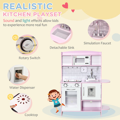 HOMCOM Kids Kitchen Playset, with Lights, Sounds, Microwave, Sink and Storage - Pink--ChewyGames-ChewyGames