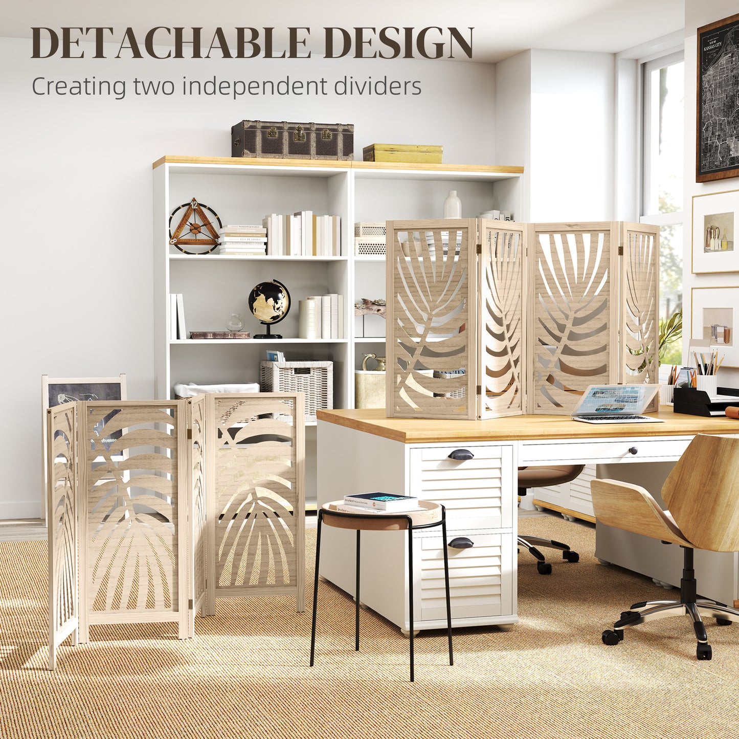 HOMCOM 4 Panel Privacy Screens, Detachable Folding Room Divider with Palm Leaf Design for Home Office, Natural Wood Finish
