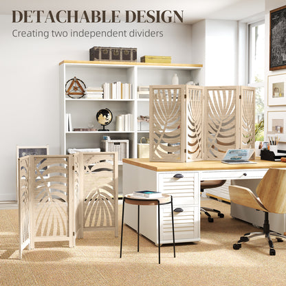 HOMCOM 4 Panel Privacy Screens, Detachable Folding Room Divider with Palm Leaf Design for Home Office, Natural Wood Finish