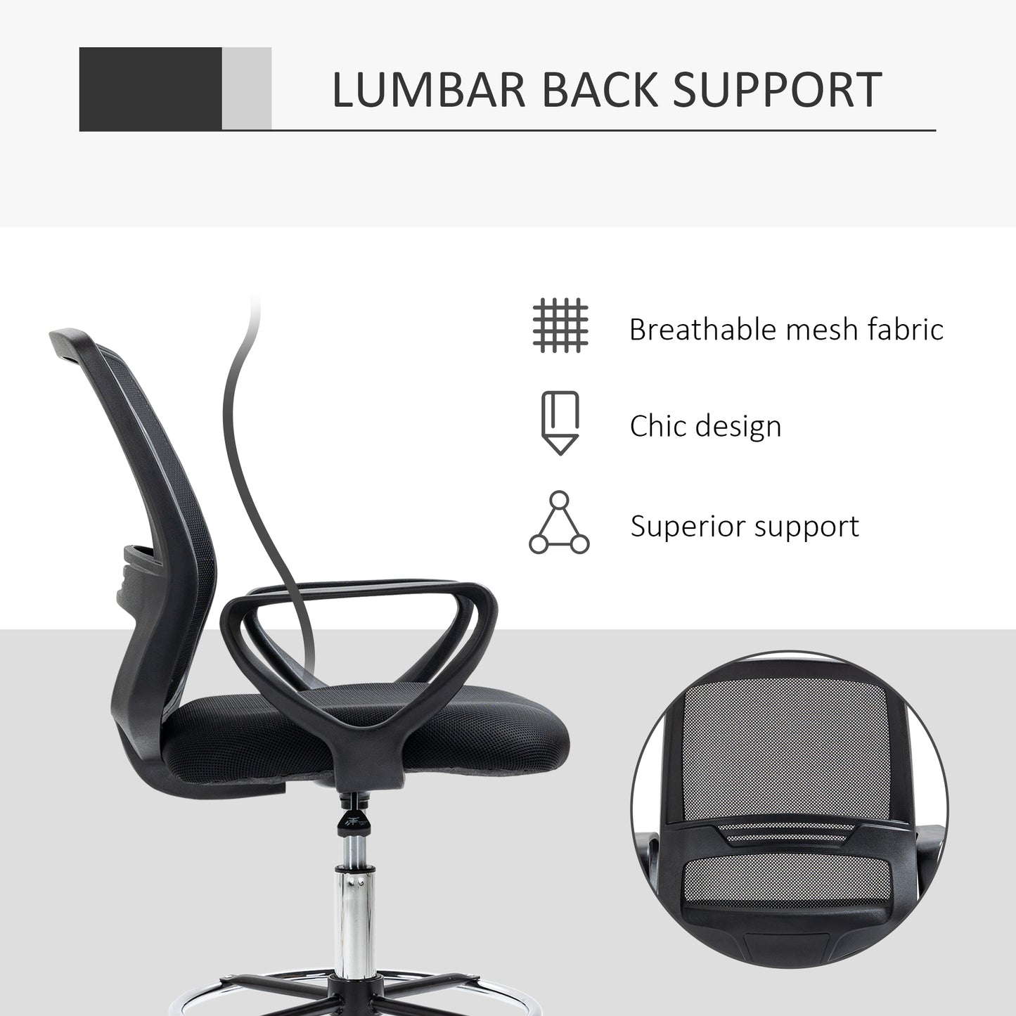 Vinsetto Drafting Chair, Ergonomic Tall Office Chair with Mesh Back, Lumbar Support, Adjustable Height and Foot Ring, Swivel Wheels, for Standing Desk, Black