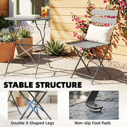 Outsunny Folding Garden Bistro Set, Outdoor Round Bistro Table and Chairs Set 2 with Electrophoresis Metal Frame, Grey