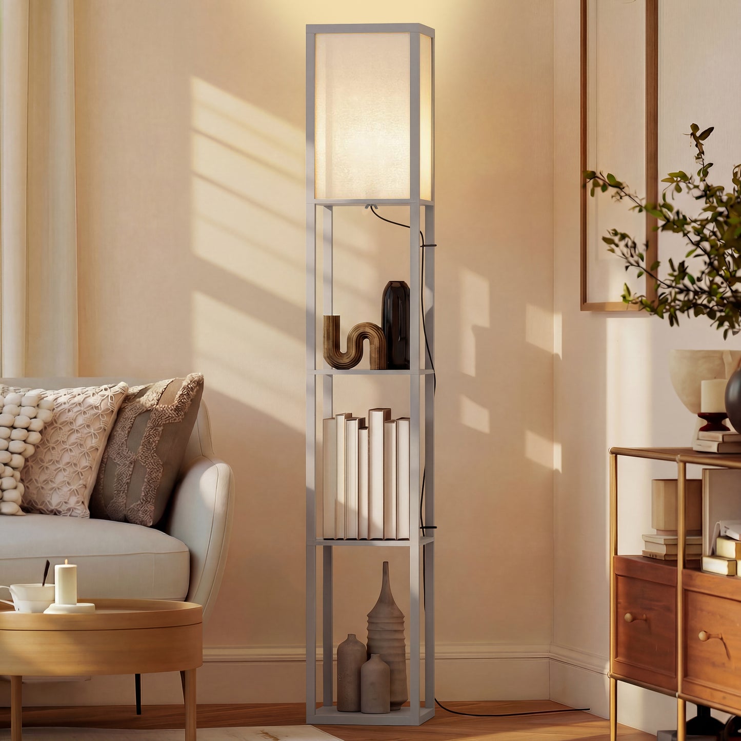 HOMCOM 3-Tier Floor Lamp with Shelves and Storage, Modern Corner Standing Lamp with Lampshade, Reading Light with Foot Switch for Living Room, Bedroom, Home Office, Bulb not Included, Grey