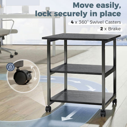 HOMCOM Three-Tier Steel Printer Stand, with Wheels - Black