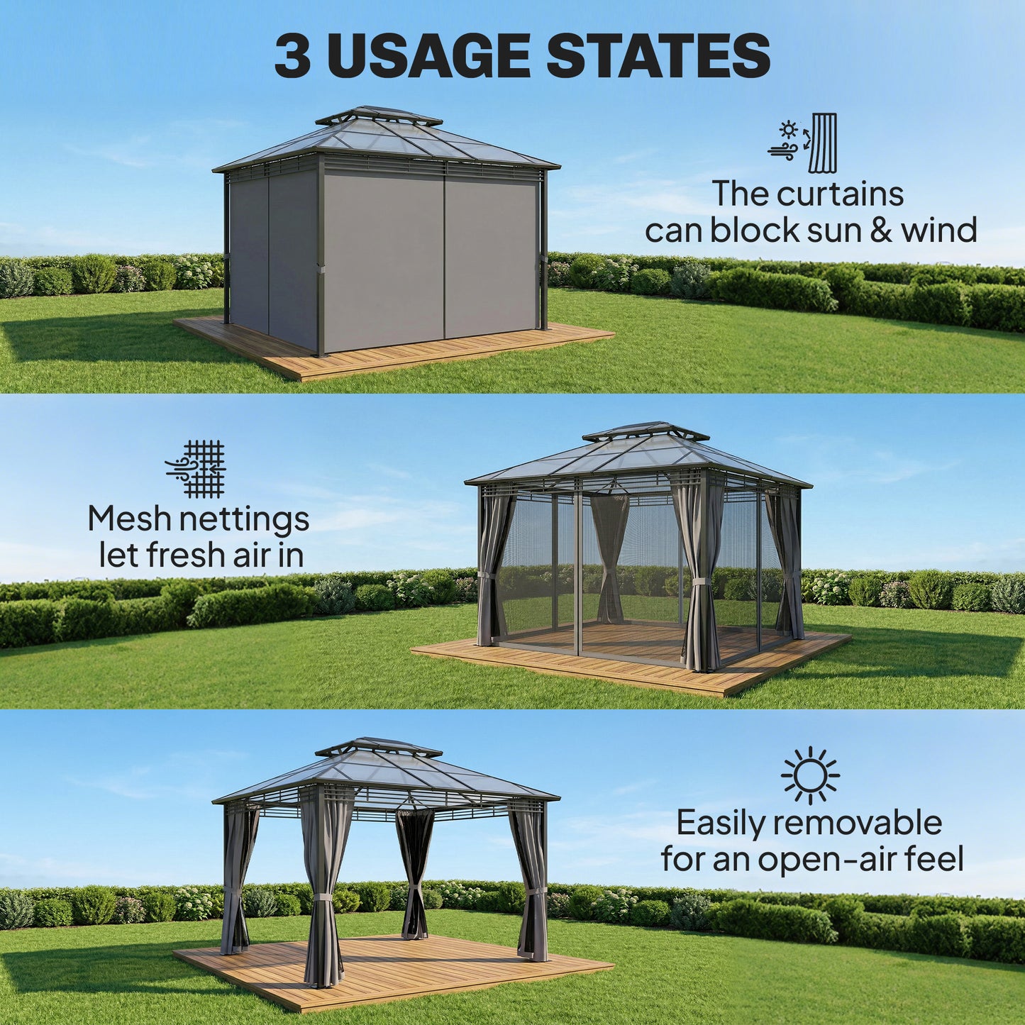 Outsunny 3 x 3.6 m Outdoor Hardtop Gazebo Canopy with 2-Tier Roof, Permanent Pavilion Garden Metal Gazebo with Sides, Dark Grey