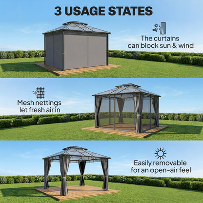 Outsunny 3 x 3.6 m Outdoor Hardtop Gazebo Canopy with 2-Tier Roof, Permanent Pavilion Garden Metal Gazebo with Sides, Dark Grey