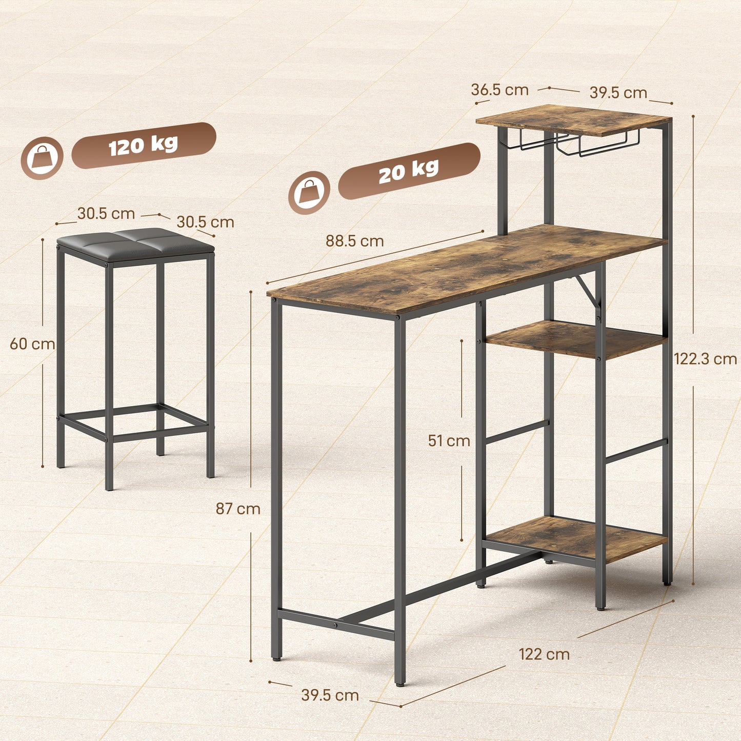 HOMCOM 3 Piece Breakfast Bar Table and Stools Set, Rustic Brown