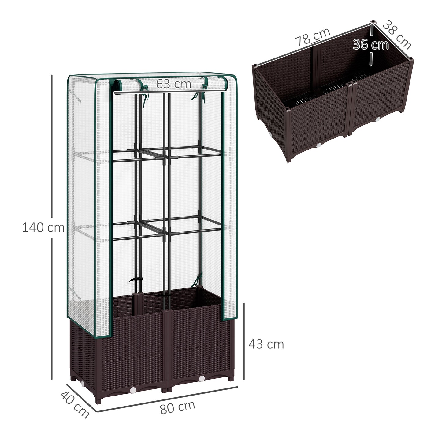 Outsunny Raised Garden Bed with Trellis, Plastic Planter Box with PE Cover, Drainage Holes, Drain Plugs and Water Reservoirs for Climbing Plants, Vegetables, Flowers, 80 x 40 x 140 cm