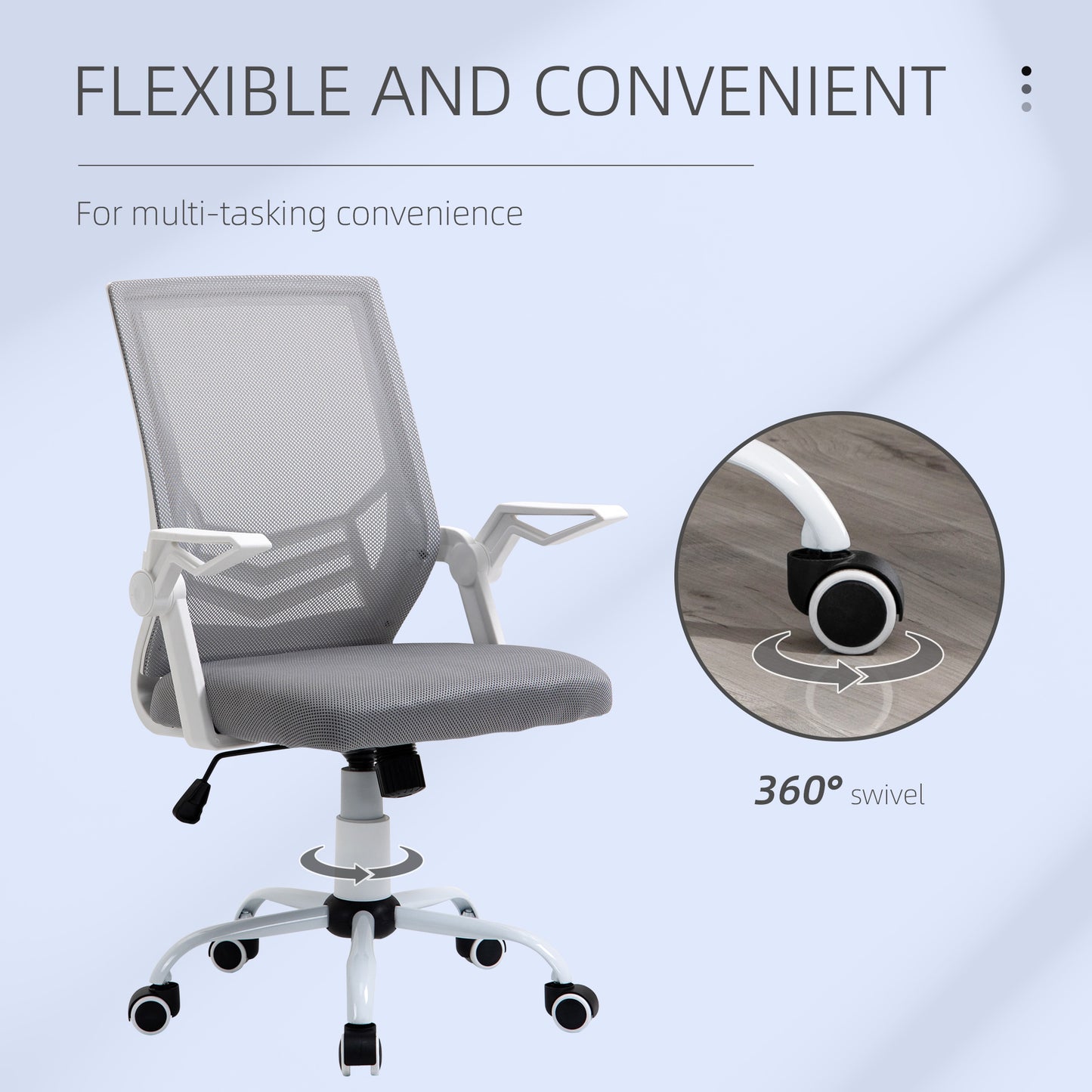 Vinsetto Office Chair with Flip-up Armrest, Mid Back Desk Chair with Mesh Back, Lumbar Support, Adjustable Height, Swivel Wheels for Home, Grey
