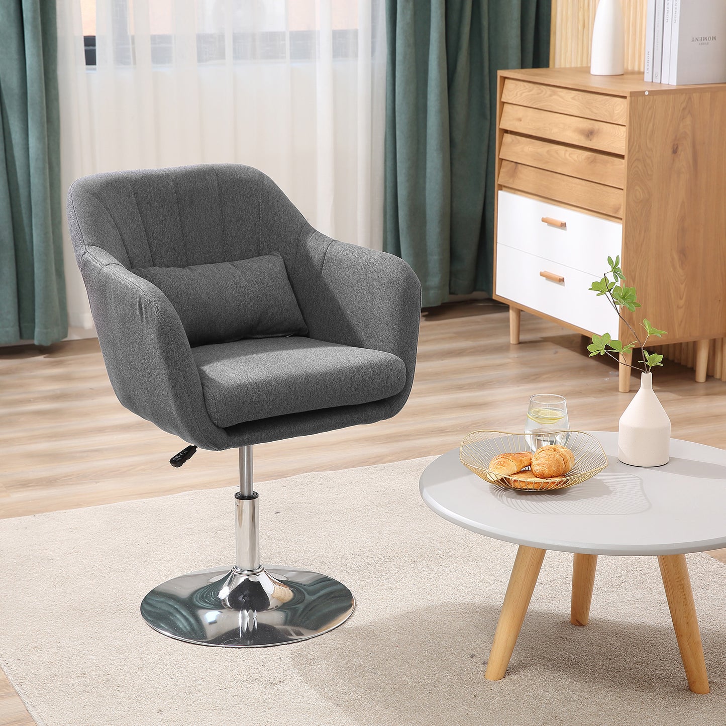 HOMCOM Swivel Accent Chair, Linen Fabric Tub Vanity Chair, Modern Armchair with Adjustable Height and Lumbar Support for Living Room Bedroom Salon Make up Room Dressing Table, Dark Grey