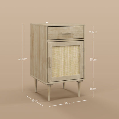 HOMCOM Bedside Tables Set of 2, Rattan Side Tables with Drawer, Cabinet and Adjustable Shelf, Boho Bedside Cabinets with Storage for Bedroom, Living Room, Natural Wood Finish