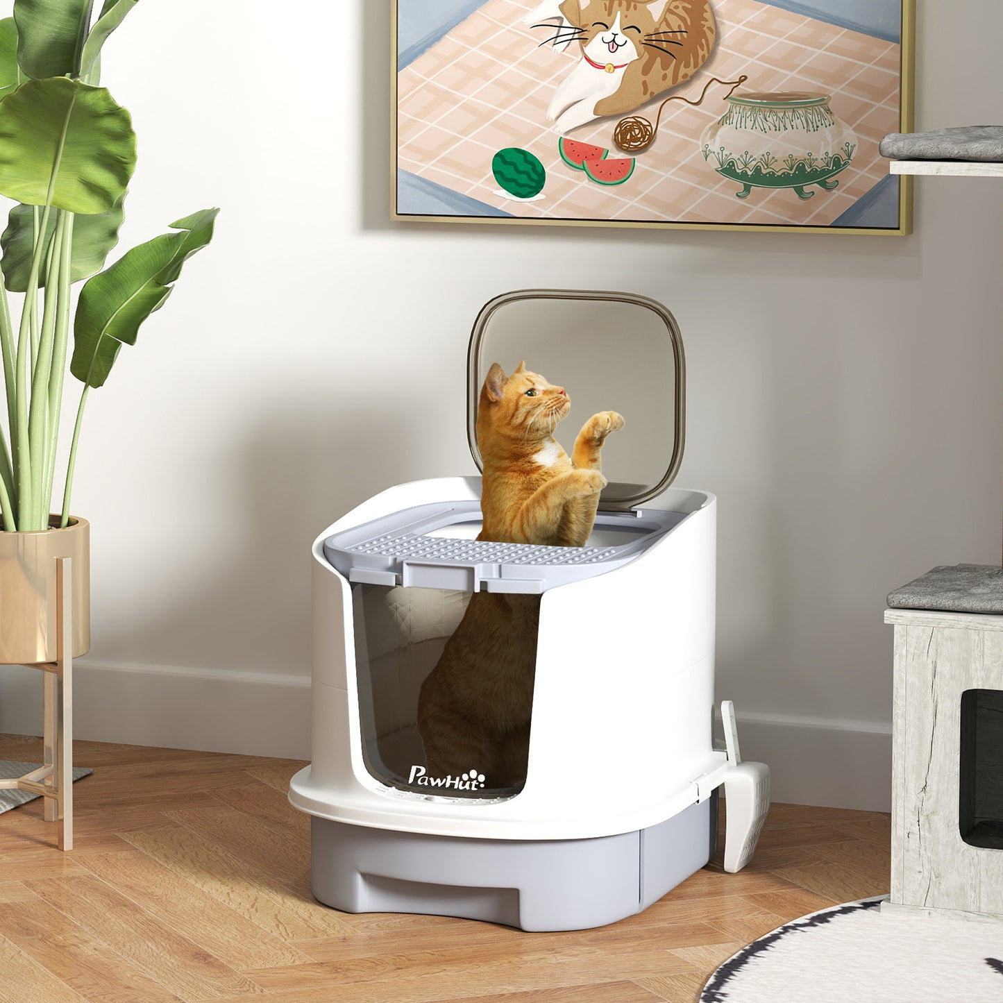PawHut Cat Litter Box with Lid, Scoop, Deodorisation Bags, Top Entry