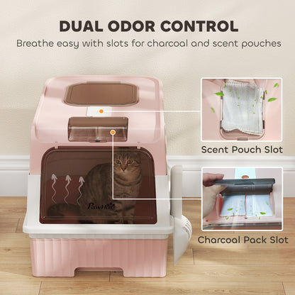 PawHut Enclosed Cat Litter Box with Lid, Pull-Out Drawer Tray, Scoop, 4 Deodorisation Bags, Front Entry & Top Exit, Pink