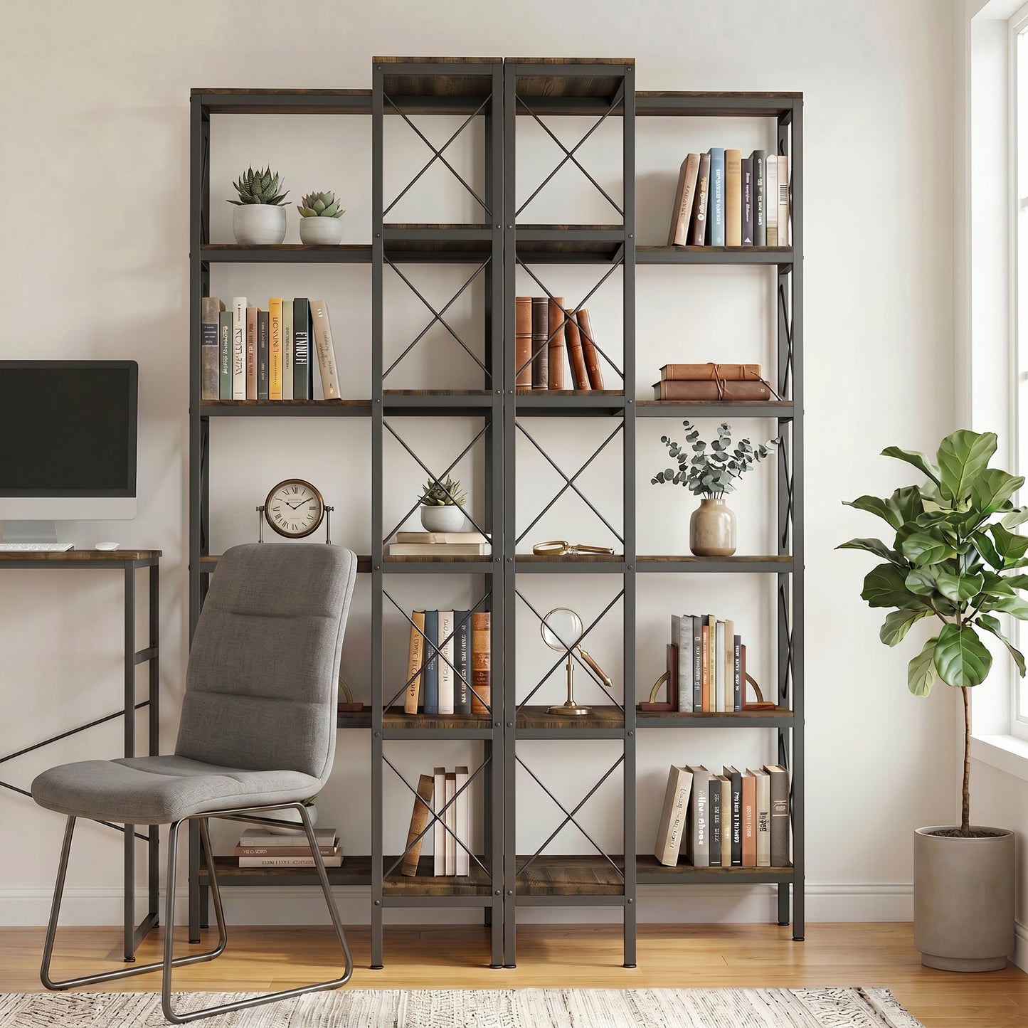 HOMCOM 5-Tier L-Shaped Bookshelf, Freestanding Corner Bookcase with Metal Frame, Rustic Brown