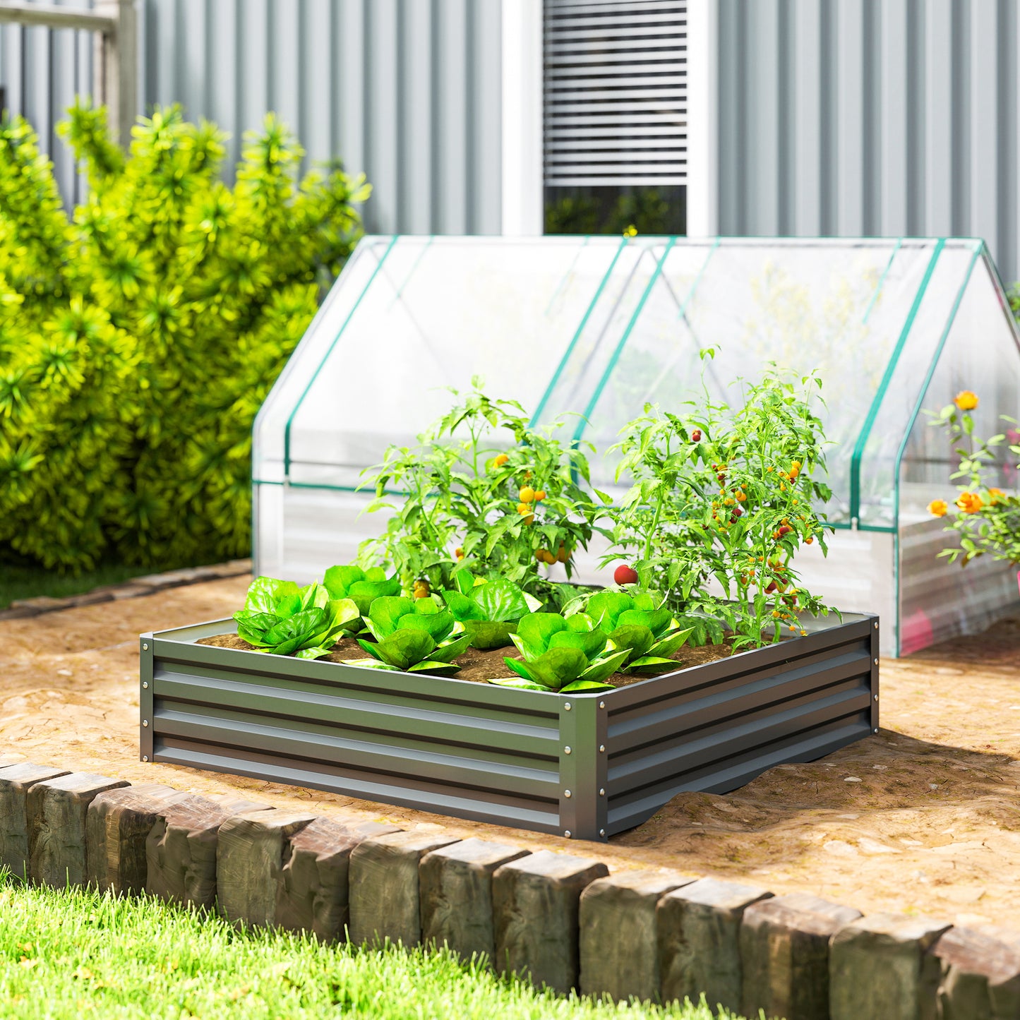 Outsunny 432L Square Raised Garden Bed Box Steel Frame for Vegetables, Flowers and Herbs, 120 x 120 x 30cm, Light Grey--ChewyGames-ChewyGames