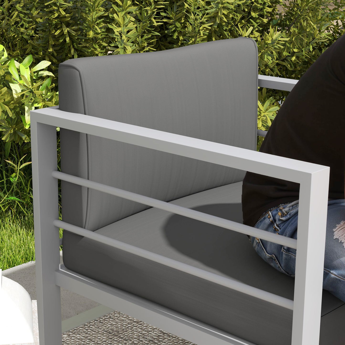 Outsunny Garden Sofa, All-Weather Garden Single Sofa with Removable Cushions, Metal Frame Outdoor Furniture for Balcony, Charcoal Grey