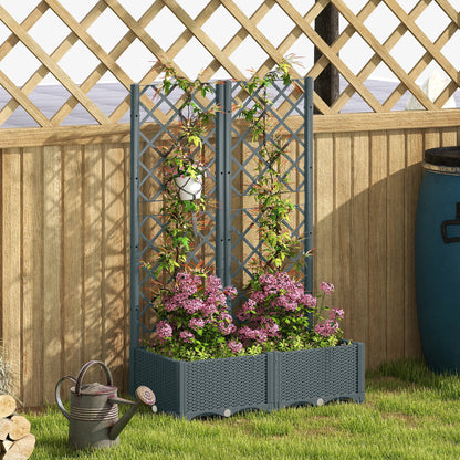 Outsunny Raised Garden Bed with Trellis, Plastic Planter Box with Drainage Holes, Drain Plugs and Water Reservoirs for Climbing Plants, Vegetables, Flowers, Grey